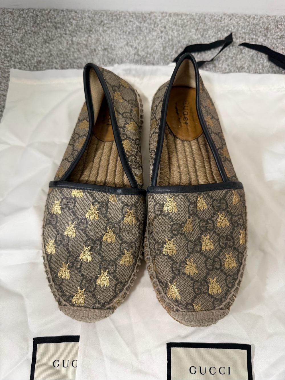 Authentic Gucci Brown GG Canvas Espadrilles with Gold Bee Motif